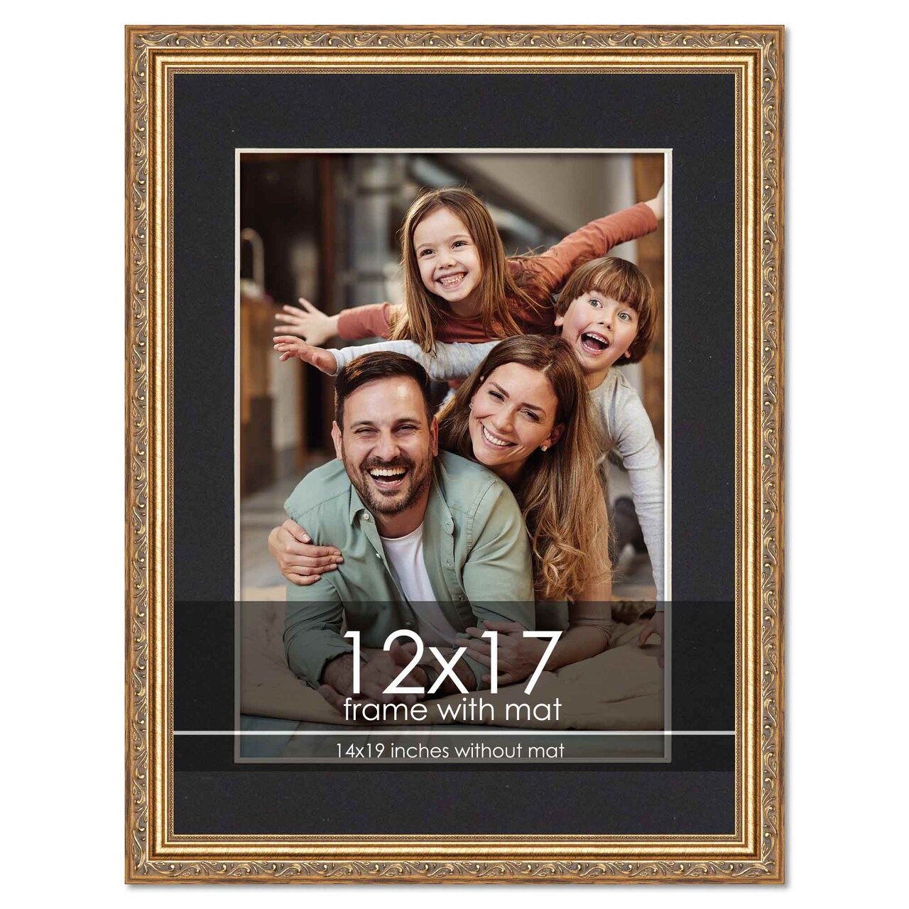 Antique Gold Frame with Black Photo Mat, UV Acrylic Front, Foam Board Backing, 60 Sizes Available